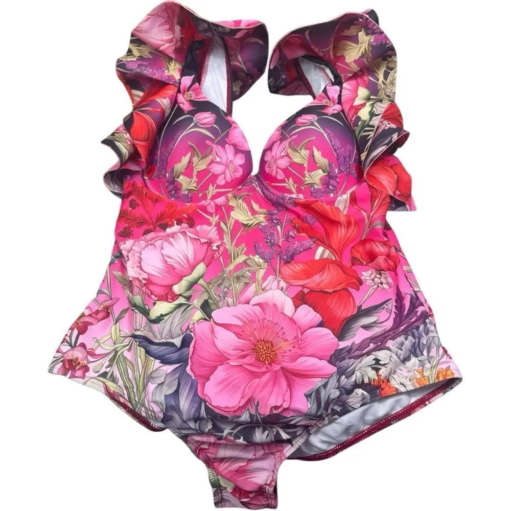 Floral Ruffle One-Piece Swimsuit - Pink Floral - Picture 9 of 12